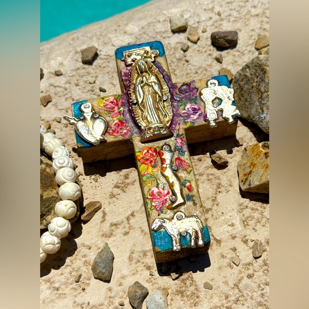 Milagro Silver Metal Charm Spanish Folk Art Painted Wood Cross-Ocean Blue